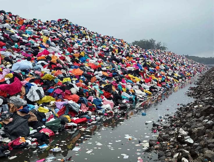 Discarded fast fashion washed up on a shoreline