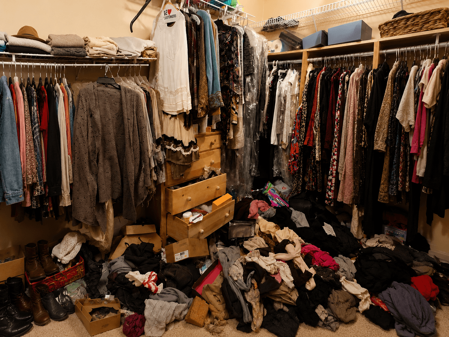 An overstuffed wardrobe packed with unworn clothing