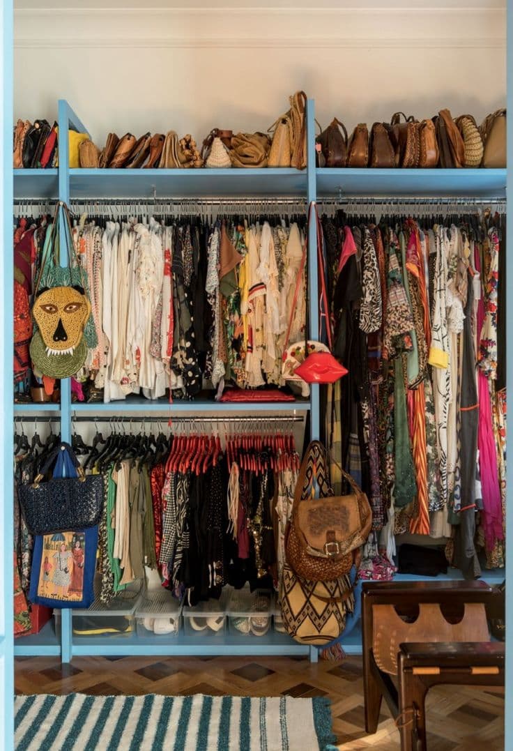 A rail of hanging clothes being catalogued